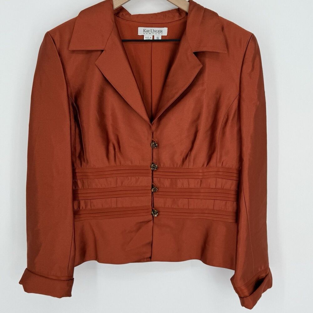 Kay Unger Orange Silk Jacket Decorative Buttons Size 14 Cocktail Evening